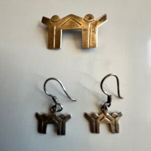 VINTAGE 925 STERLING SILVER MEXICO SIGNED UNITY SET OF EARRINGS AND BROOCH